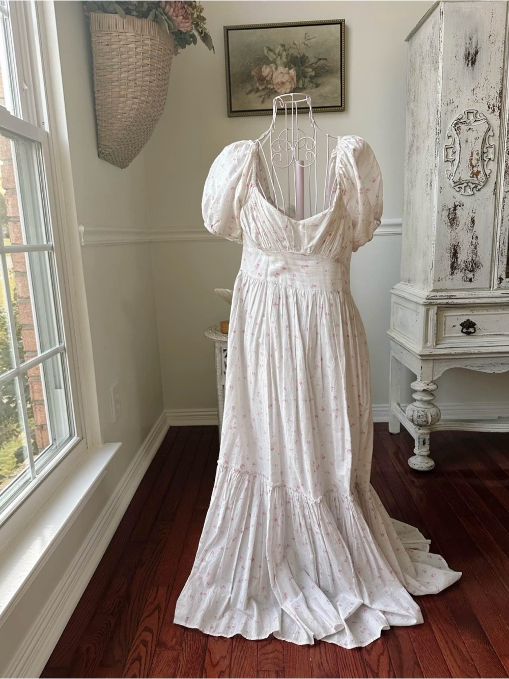 LoveShackFancy White Maxi Dress with Pink Floral Print and Puff Sleeves